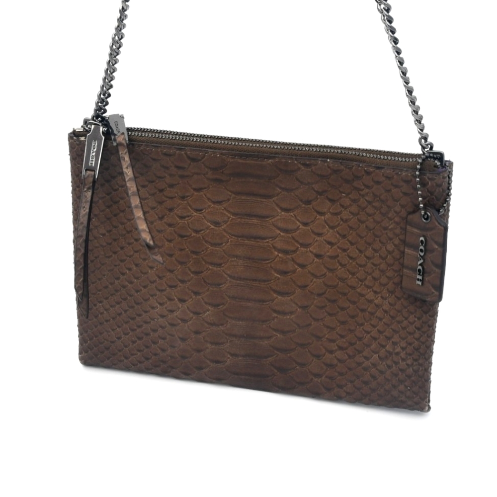 COACH Brown Python-Embossed Chain Shoulder Bag - Picture 3 of 11